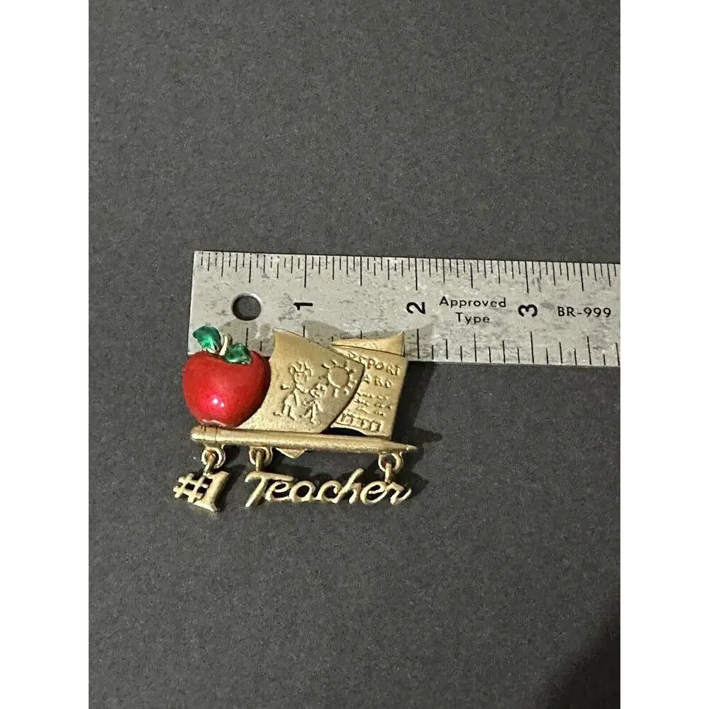 Gold Tone #1 Teacher Apple‎ Dangle Brooch Pin Great Gift Professor Vintage 